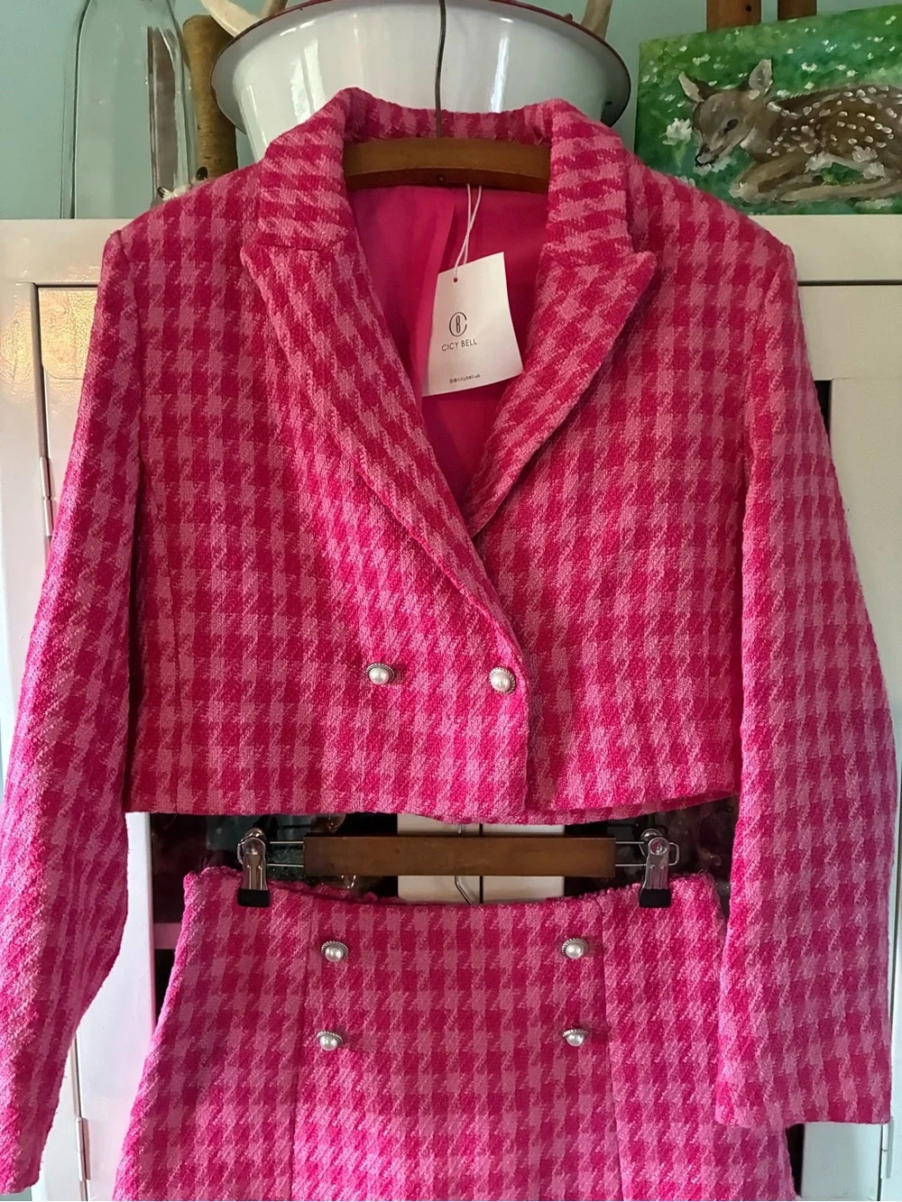 Cicy Bell Hot Pink Houndstooth Two-Piece Skirt Set nwt M Blazer L Skirt